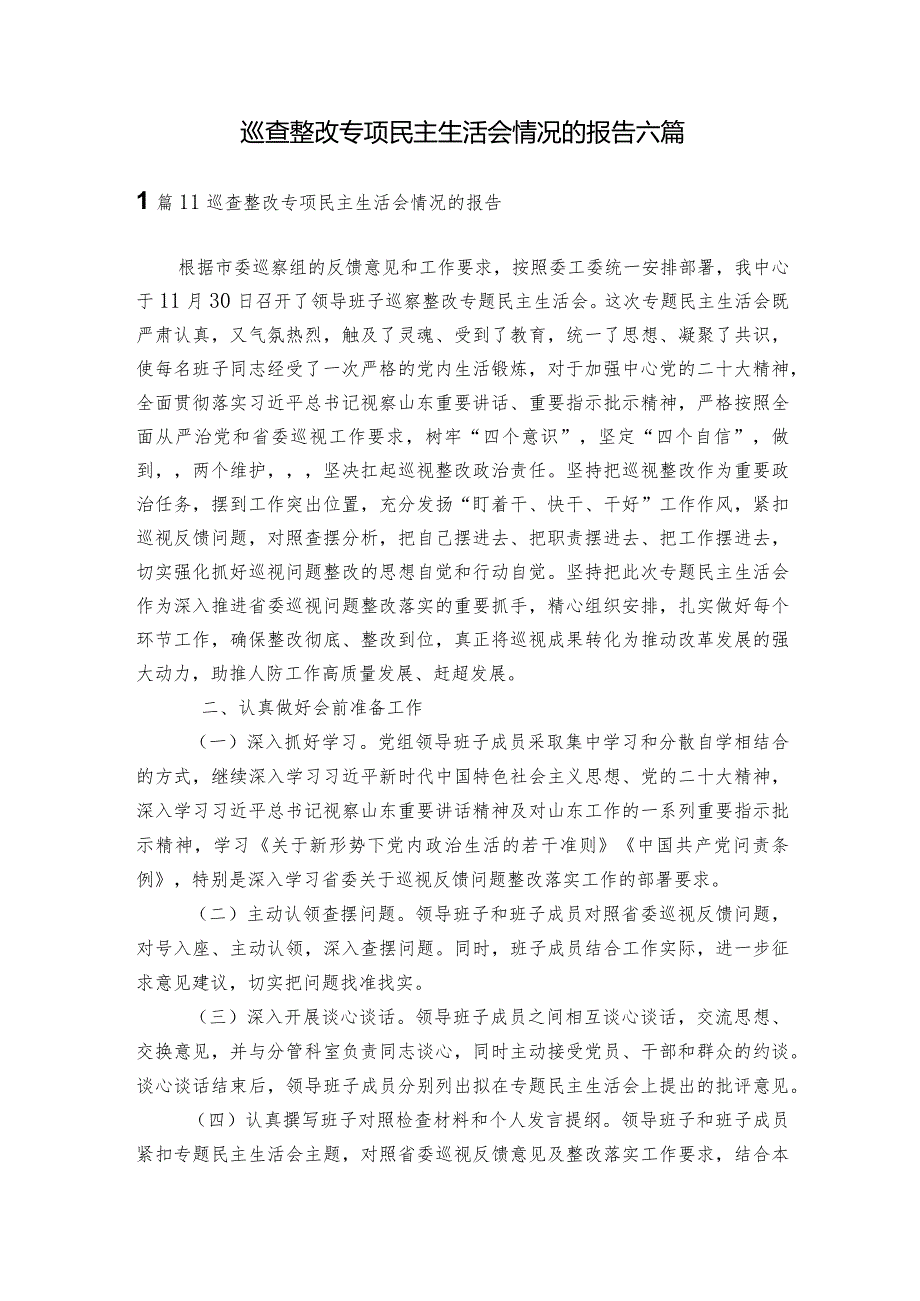 巡查整改专项民主生活会情况的报告六篇.docx_第1页