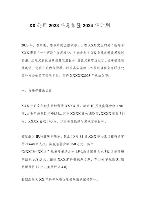XX 公司2023年总结暨2024年计划.docx