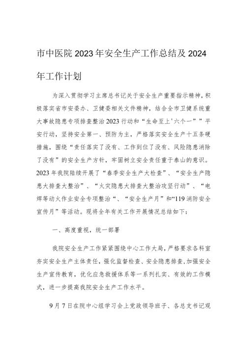 市中医院2023年安全生产工作总结及2024年工作计划.docx