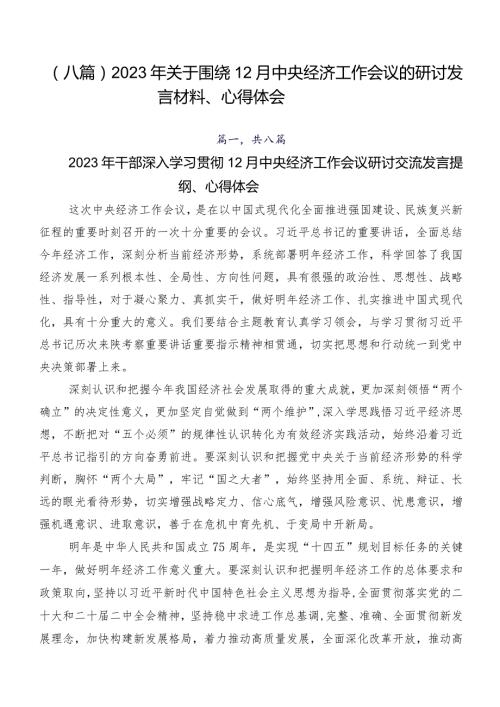 （八篇）2023年关于围绕12月中央经济工作会议的研讨发言材料、心得体会.docx