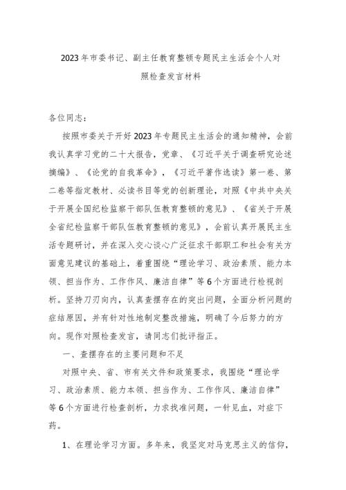 2023年市委书记、副主任教育整顿专题民主生活会个人对照检查发言材料.docx
