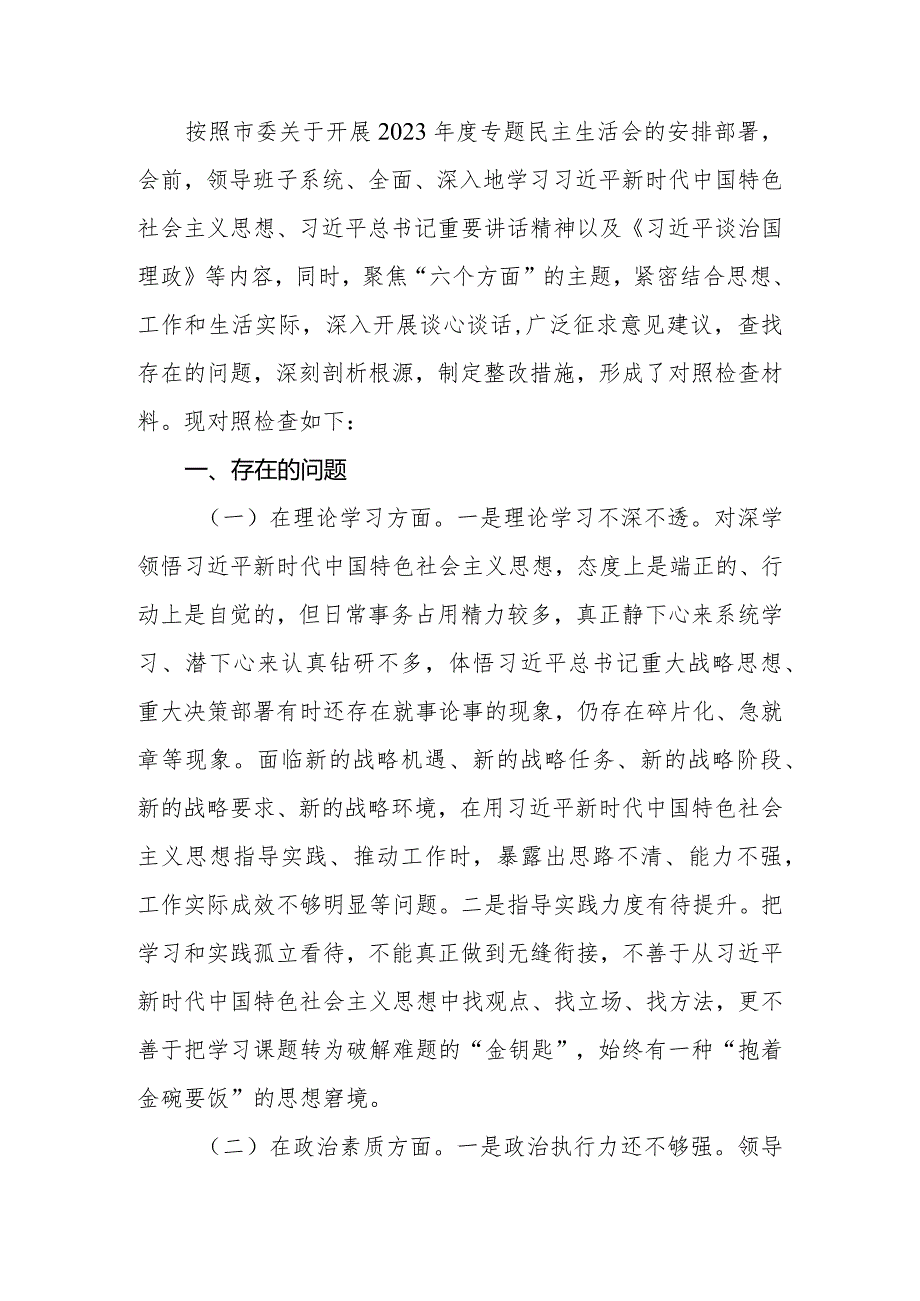 2023年专题民主生活会领导班子（检视剖析）对照检查材料.docx_第2页