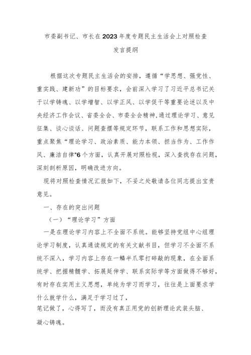 市委副书记、市长在2023专题民主生活会上对照检查发言提纲(1).docx