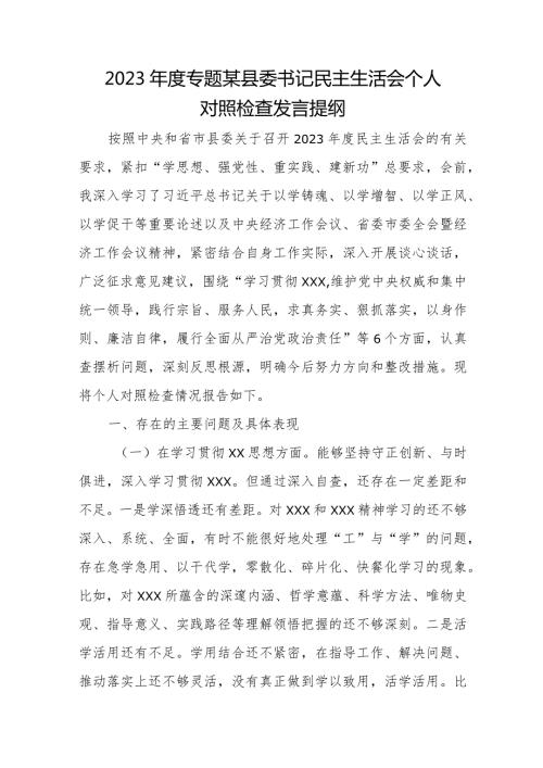 2023专题某县委书记民主生活会个人对照检查发言提纲.docx