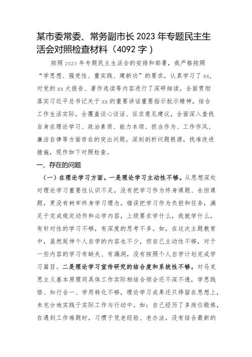 副市长2023年主题教育专题民主生活会对照检查材料.docx