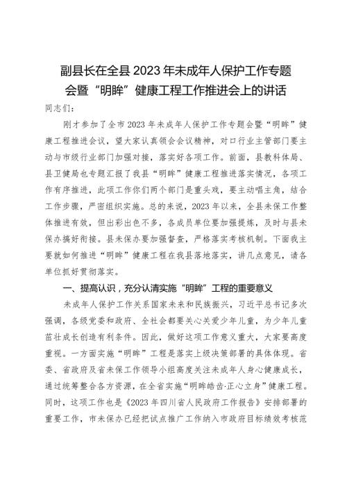 副县长在全县2023年未成年人保护工作专题会暨“明眸”健康工程工作推进会上的讲话(1).docx
