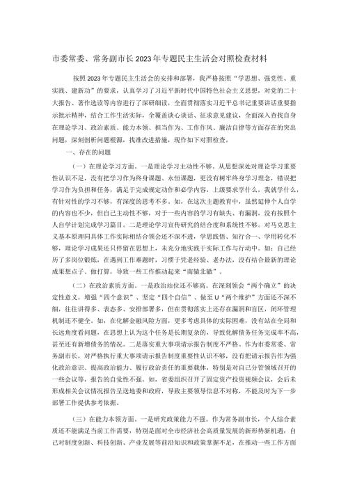 市委常委、常务副市长2023年专题民主生活会对照检查材料(1).docx
