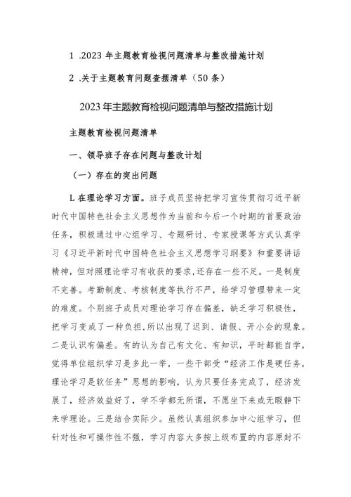 2023年主题教育检视问题清单与整改措施计划范文两篇.docx