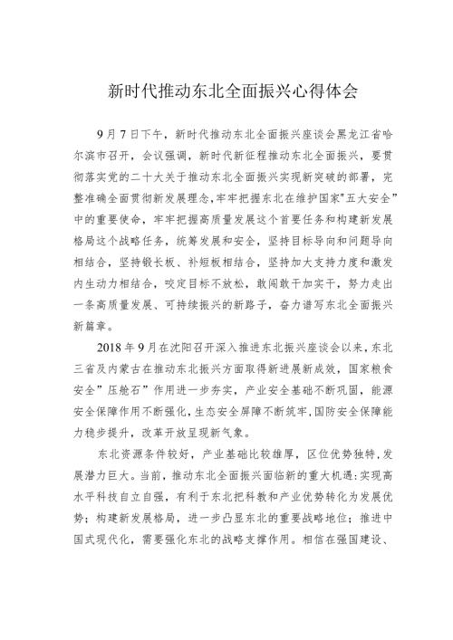 新时代推动东北全面振兴心得体会.docx