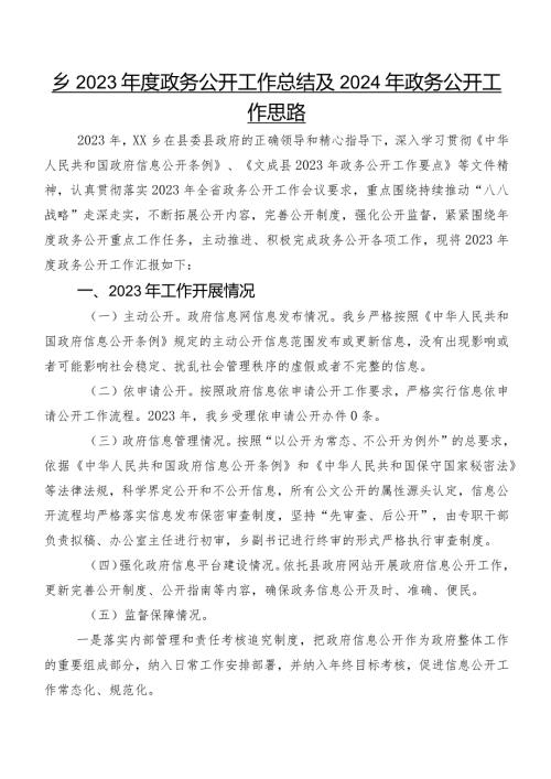 乡2023政务公开工作总结及2024年政务公开工作思路.docx