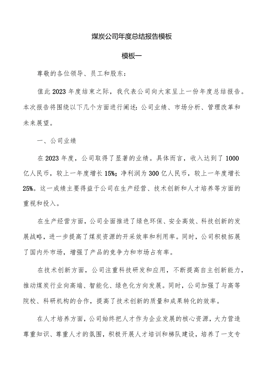 煤炭公司总结报告模板.docx_第1页