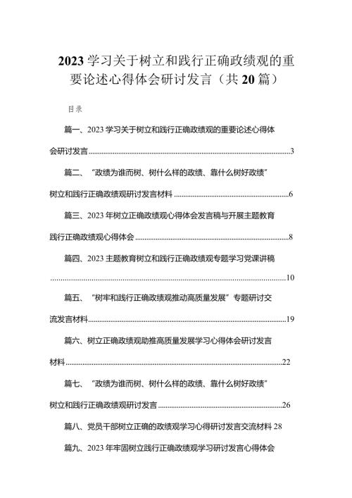 学习关于树立和践行正确政绩观的重要论述心得体会研讨发言范文【20篇精选】供参考(1).docx