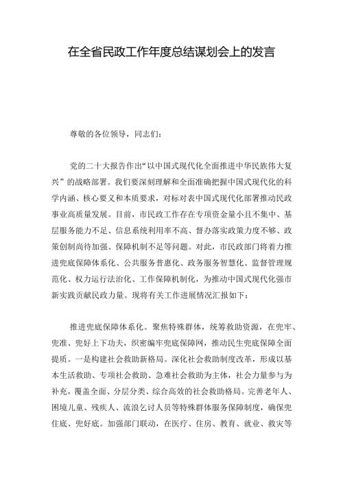 在全省民政工作总结谋划会上的发言(3).docx