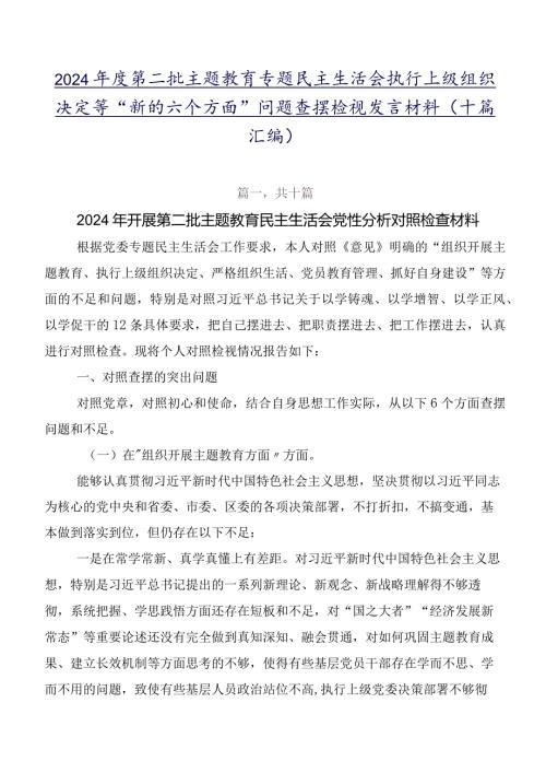 2024第二批专题教育专题民主生活会执行上级组织决定等“新的六个方面”问题查摆检视发言材料（十篇汇编）.docx