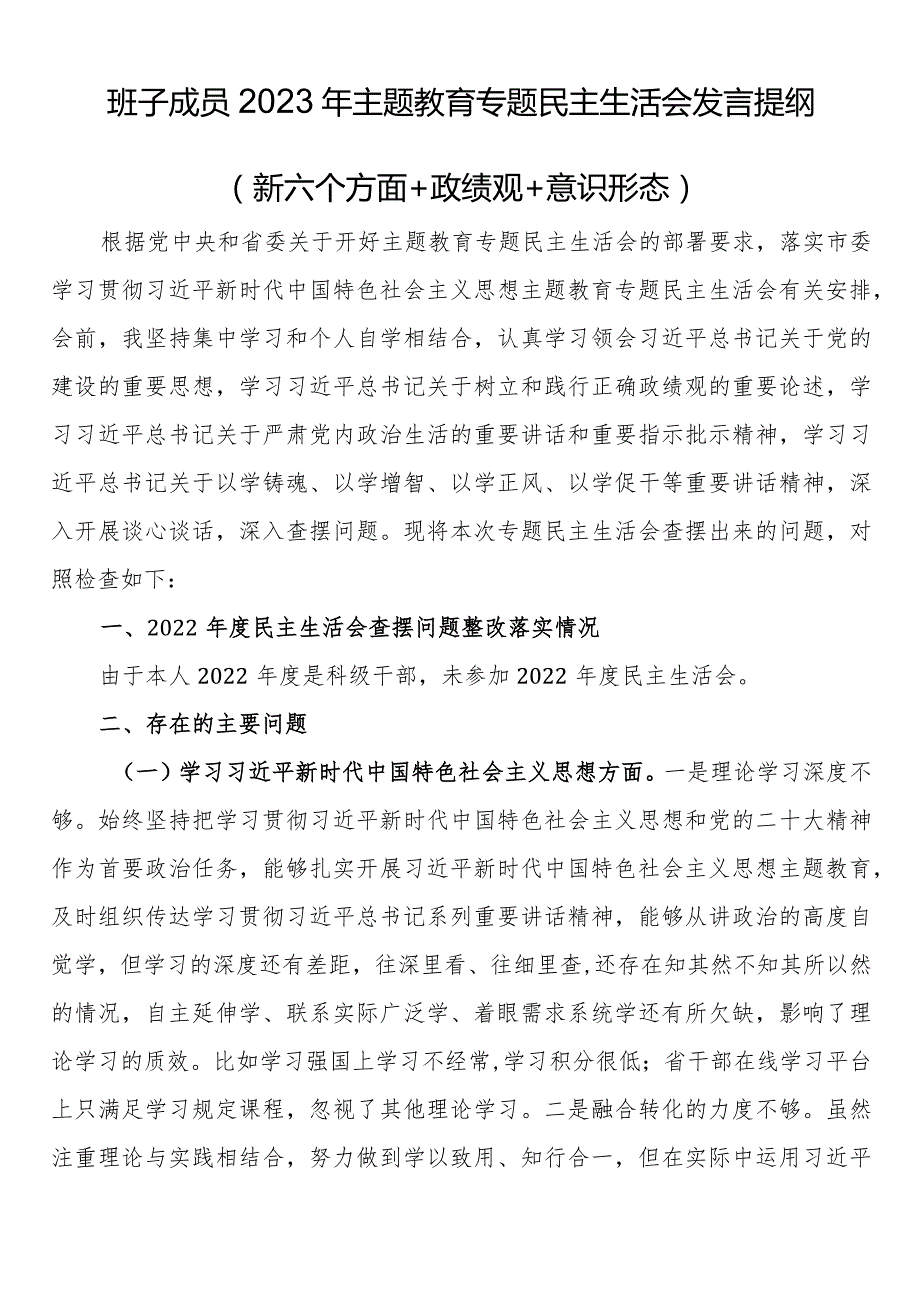 班子成员2023年主题教育专题民主生活会发言提纲（新六个方面 政绩观 意识形态）.docx_第1页