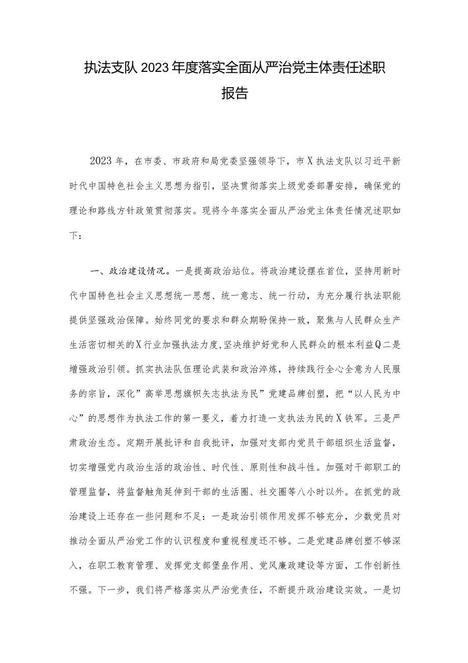 执法支队2023落实全面从严治党主体责任述职报告.docx_第1页