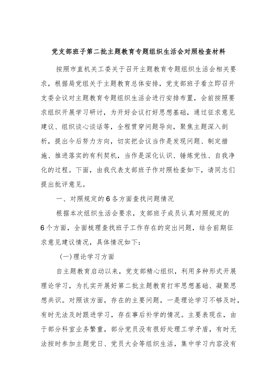 党支部班子第二批主题教育专题组织生活会对照检查材料.docx_第1页