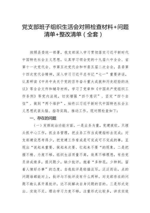 组织生活：2023党支部班子组织生活会对照检查材料+问题清单+整改清单（全套）.docx