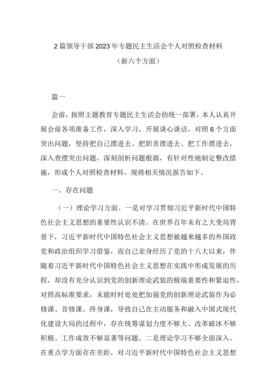 2篇领导干部2023年专题民主生活会个人对照检查材料（新六个方面）.docx_第1页