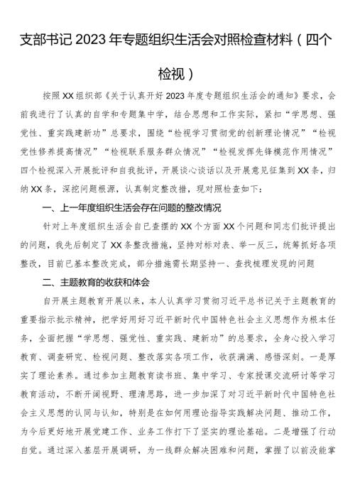 支部书记2023年专题组织生活会对照检查材料（四个检视）.docx