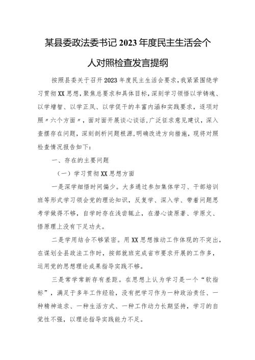 某县委政法委书记2023民主生活会个人对照检查发言提纲.docx