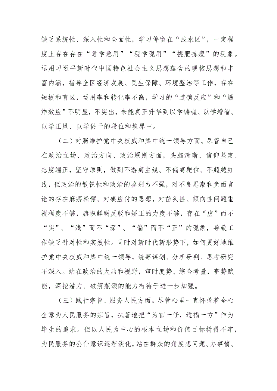 区长2024专题“维护党中央权威和集中统一领导、践行宗旨服务人民、求真务实狠抓落实”民主生活会个人发言提纲.docx_第2页
