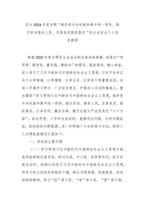 区长2024专题“维护党中央权威和集中统一领导、践行宗旨服务人民、求真务实狠抓落实”民主生活会个人发言提纲.docx