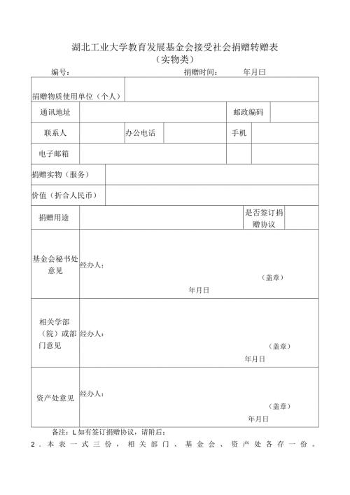 湖北工业大学教育发展基金会接受社会捐赠转赠表实物类.docx