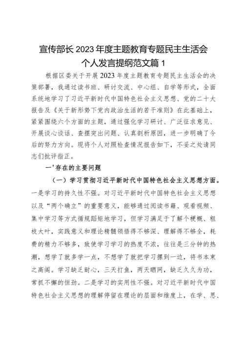 宣传部长2023主题教育专题民主生活会个人发言提纲范文2篇.docx