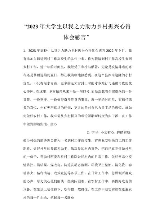 2023年大学生以我之力助力乡村振兴心得体会感言.docx