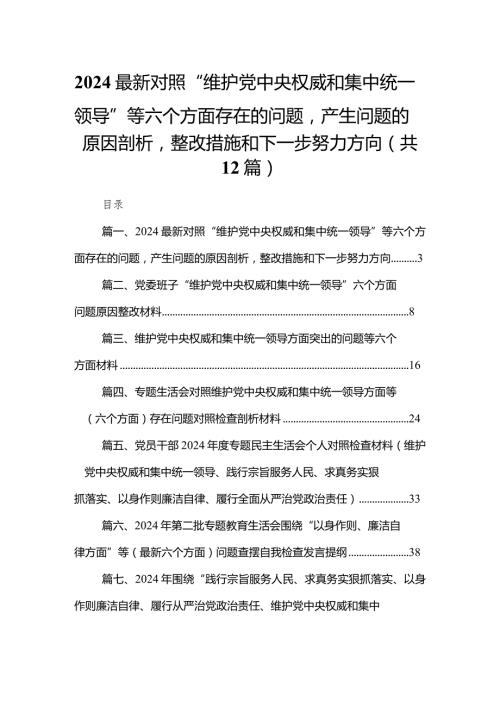 2024最新对照“维护党中央权威和集中统一领导”等六个方面存在的问题产生问题的原因剖析整改措施和下一步努力方向范文精选(12篇).docx