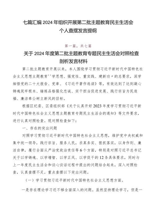 七篇汇编2024年组织开展第二批专题教育民主生活会个人查摆发言提纲.docx