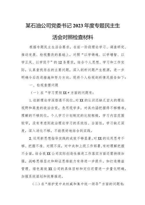 某石油公司党委书记2023专题民主生活会对照检查材料.docx