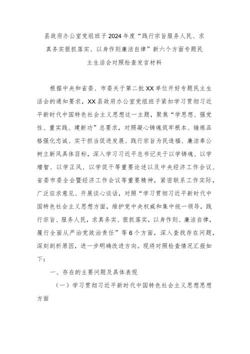 县政府办公室党组班子2024“践行宗旨服务人民、求真务实狠抓落实、以身作则廉洁自律”新六个方面专题民主生活会对照检查发言材料.docx