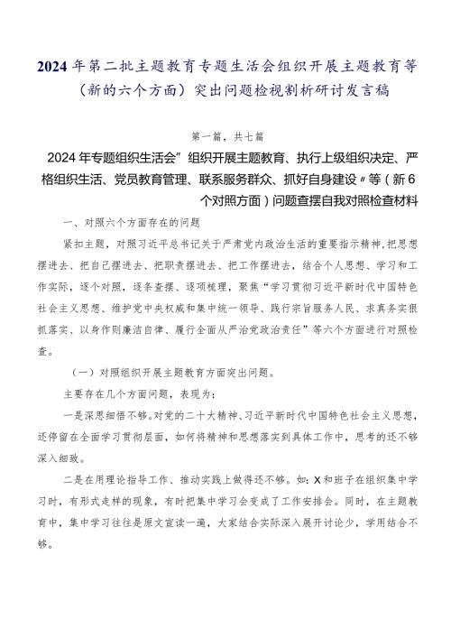 2024年第二批集中教育专题生活会组织开展主题教育等(新的六个方面)突出问题检视剖析研讨发言稿.docx