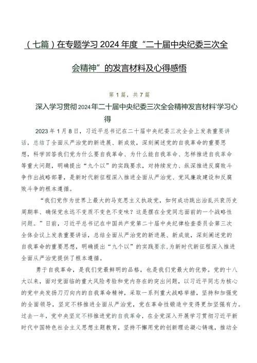 （七篇）在专题学习2024“二十中央纪委三次全会精神”的发言材料及心得感悟.docx