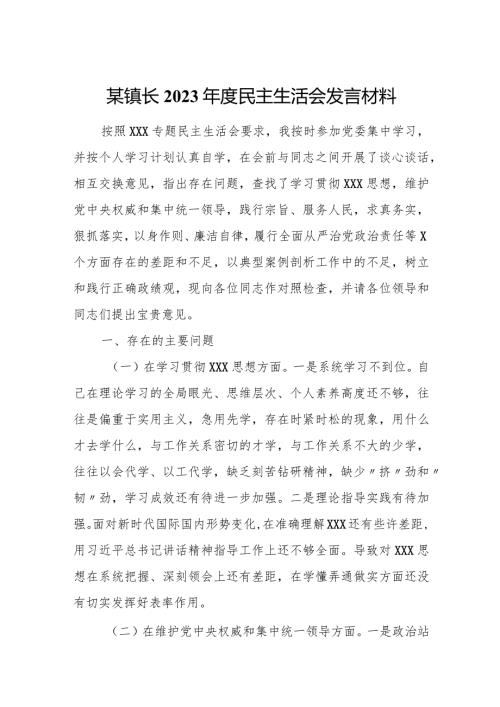 某镇长2023民主生活会发言材料.docx
