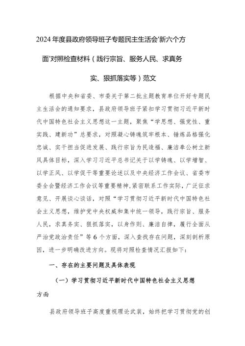 2024县政府领导班子专题民主生活会“新六个方面”对照检查材料（践行宗旨、服务人民、求真务实、狠抓落实等）范文.docx