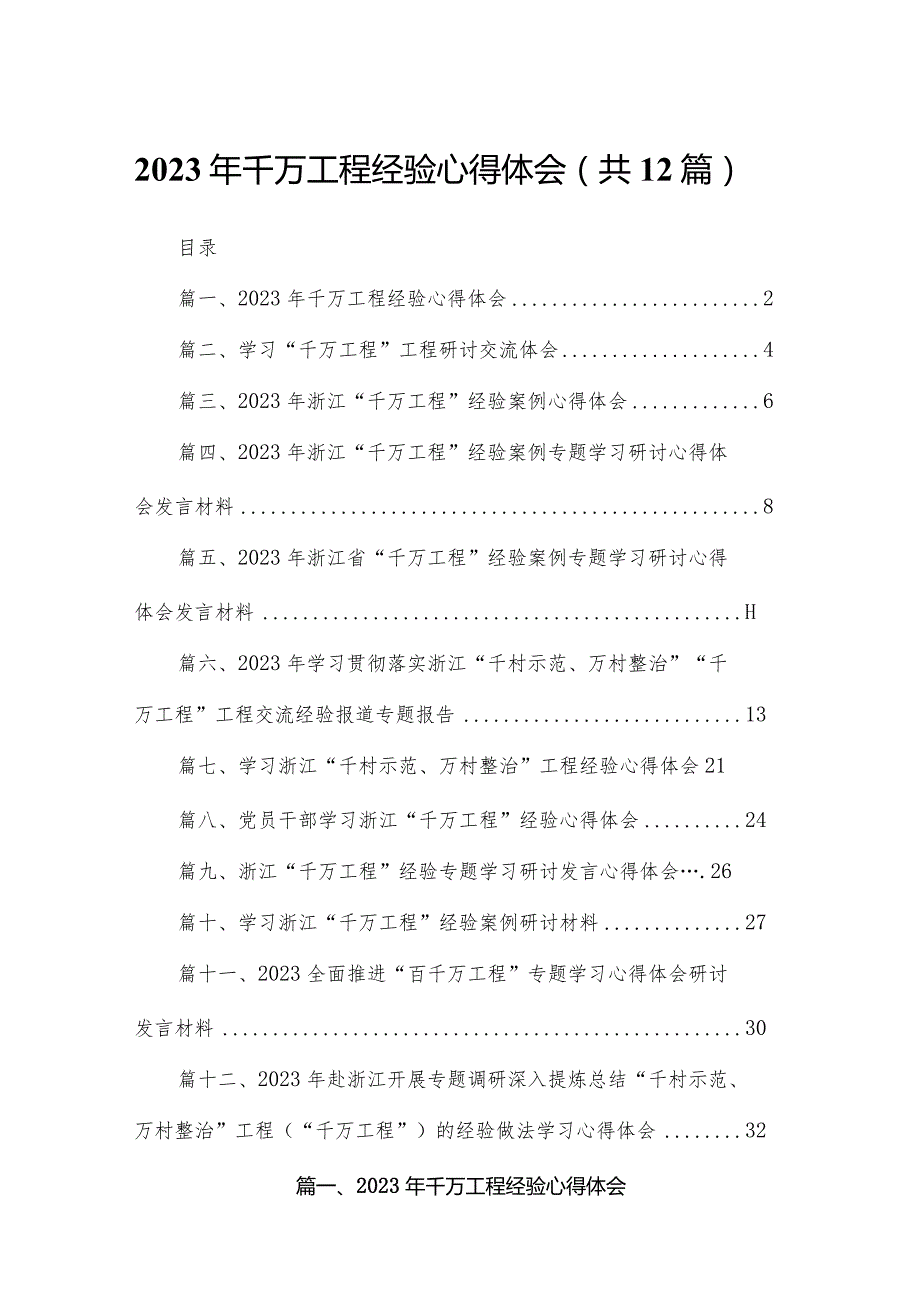 2023年千万工程经验心得体会12篇供参考.docx_第1页