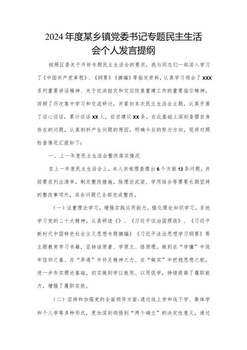 2024某乡镇党委书记专题民主生活会个人发言提纲.docx