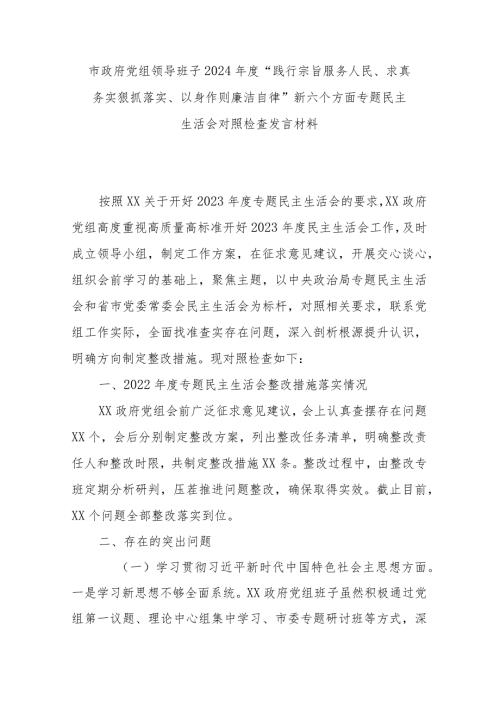 市政府党组领导班子2024“践行宗旨服务人民、求真务实狠抓落实、以身作则廉洁自律”新六个方面专题民主生活会对照检查发言材料.docx
