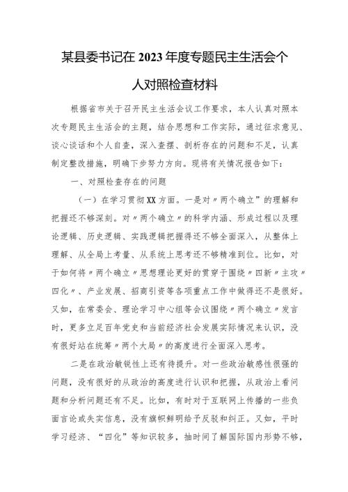 某县委书记在2023专题民主生活会个人对照检查材料.docx