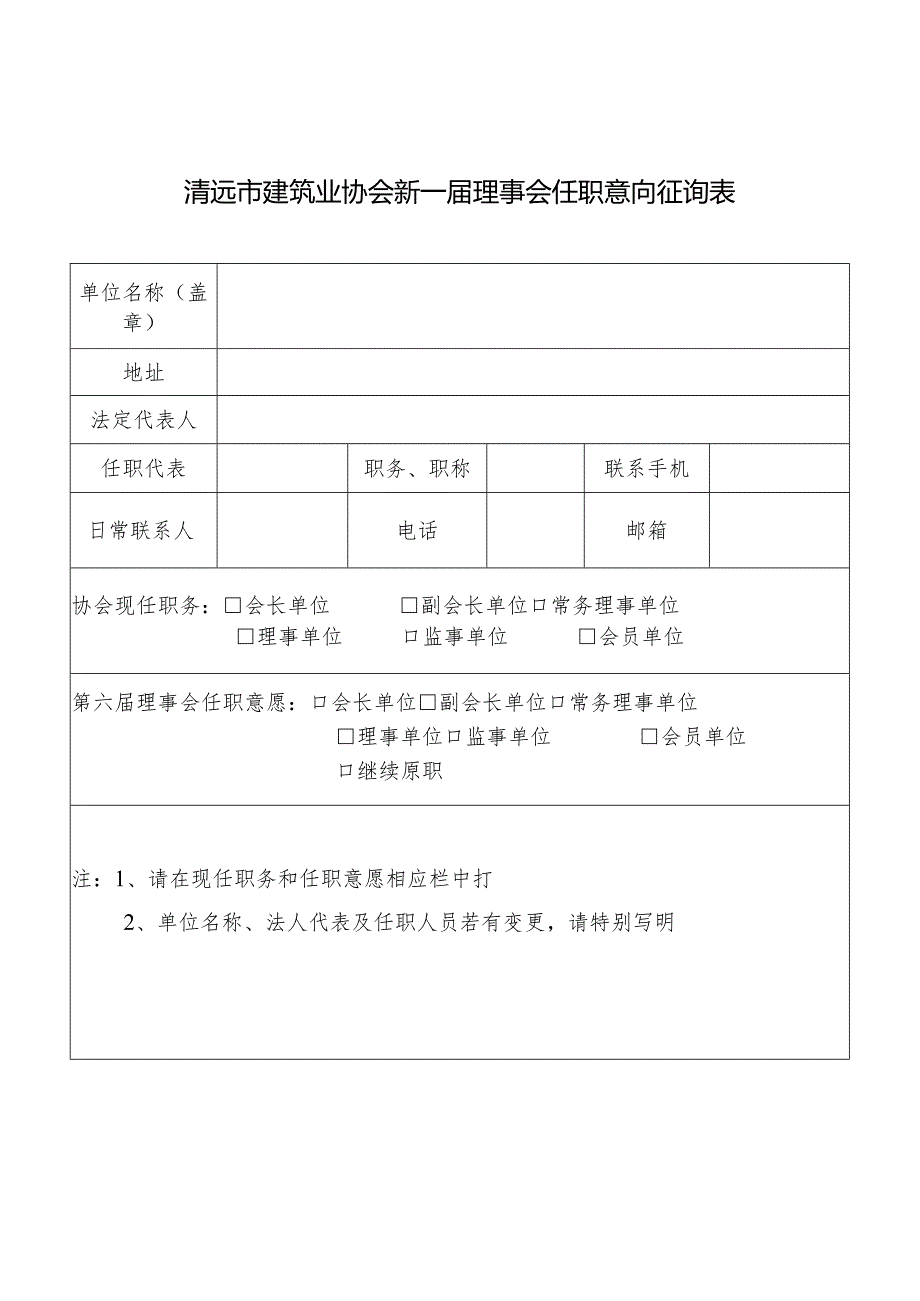 清远市建筑业协会新一理事会任职意向征询表.docx_第1页