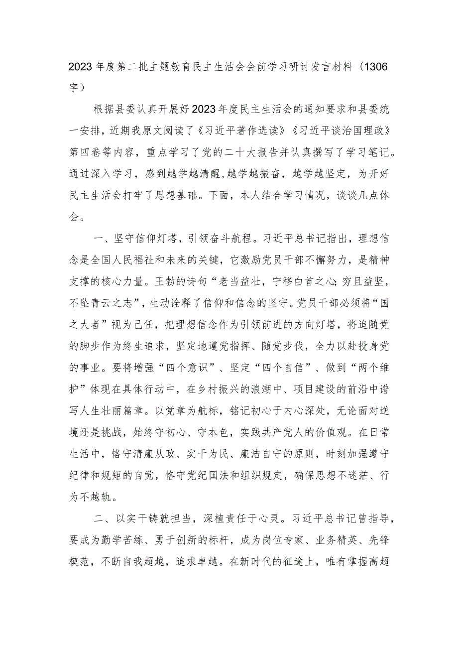（会前）2023第二批主题教育民主生活会会前学习研讨发言材料.docx_第1页