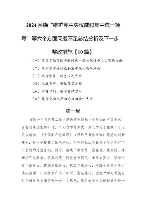 2024围绕“维护党中央权威和集中统一领导”等六个方面问题不足总结分析及下一步整改措施【10篇】.docx