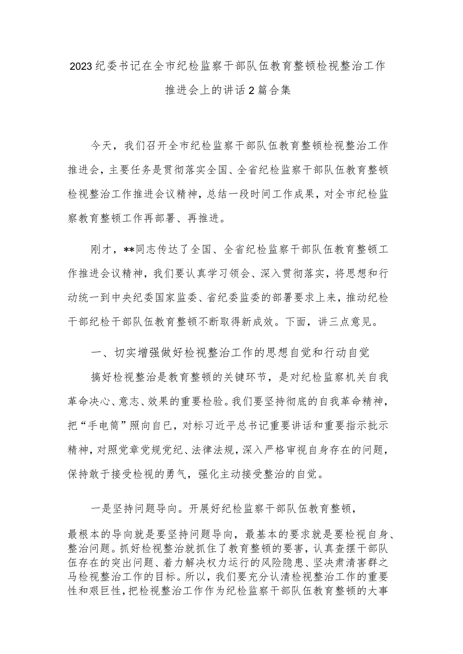 2023纪委书记在全市纪检监察干部队伍教育整顿检视整治工作推进会上的讲话2篇合集.docx_第1页