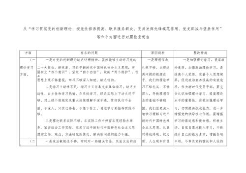台账从“学习贯彻党的创新理论、视党性修养提高、联系服务群众、党员发挥先锋模范作用、党支部战斗堡垒作用”等六个方面进行对照检查发言.docx