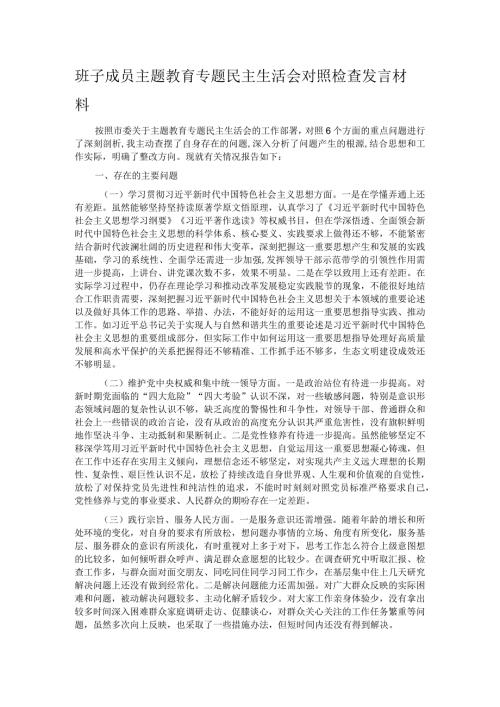 班子成员主题教育专题民主生活会对照检查发言材料.docx