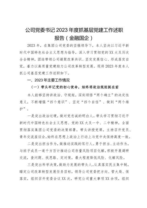 公司党委书记2023抓基层党建工作述职报告（金融国企）.docx
