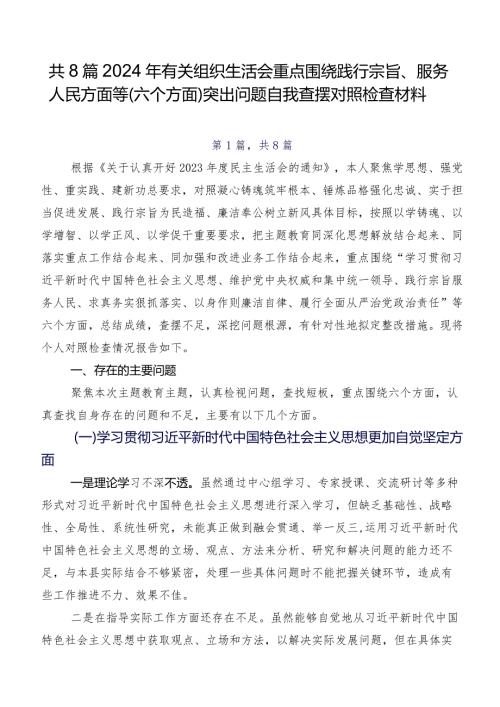 共8篇2024年有关组织生活会重点围绕践行宗旨、服务人民方面等(六个方面)突出问题自我查摆对照检查材料.docx